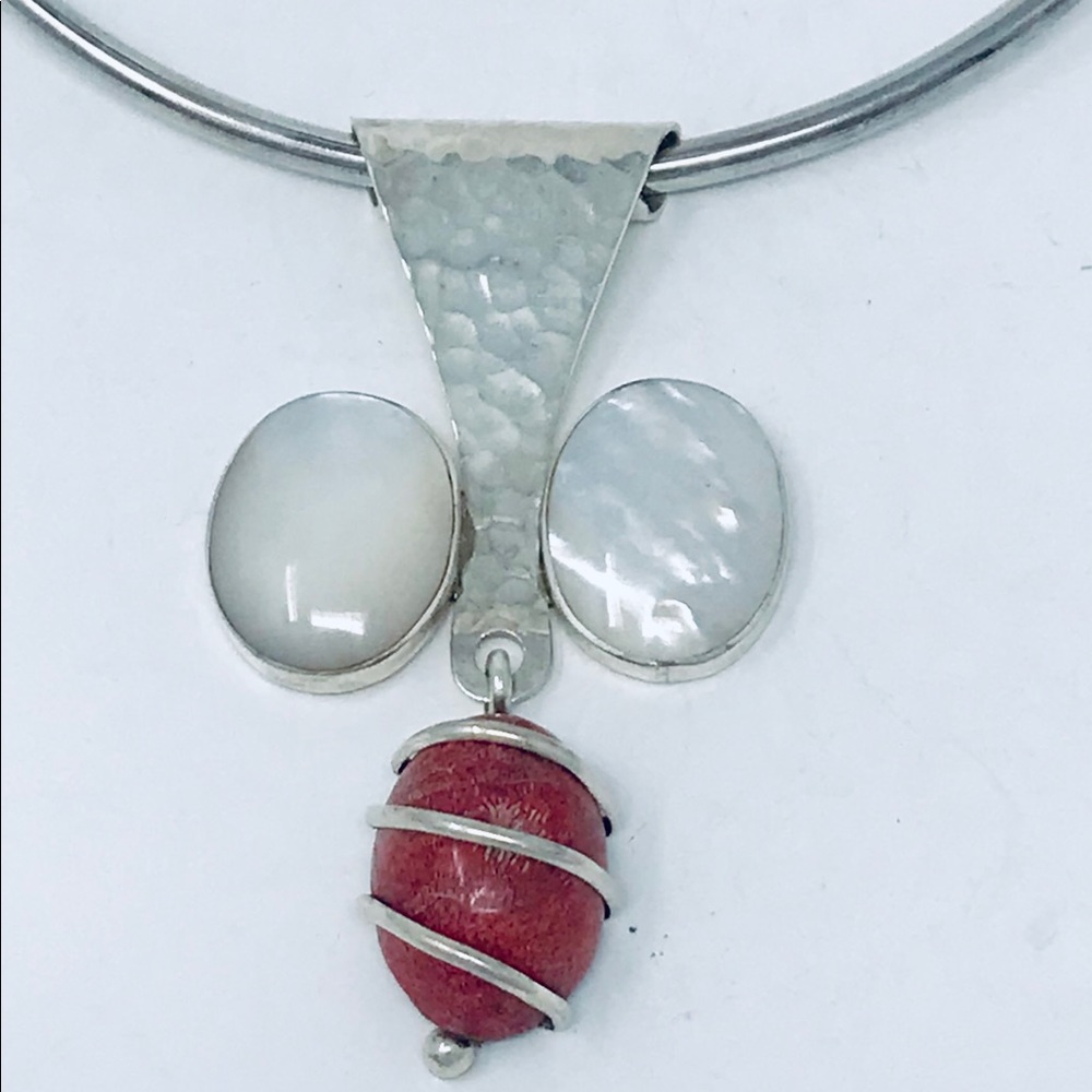 Red Coral and  Pearls Sterling Silver 925 Pendant